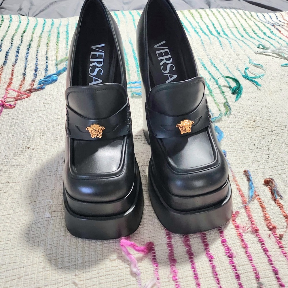 Versace Black Leather Medusa Head Double Platform Block Heel Loafers Size 38